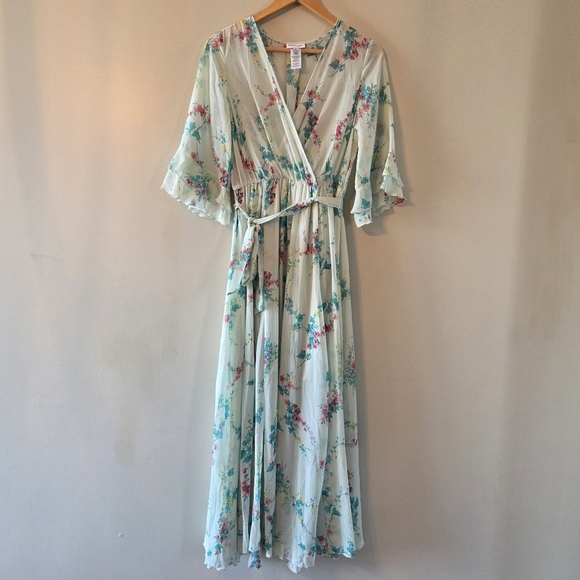Kate & Lily Floral Print Garden Boho  Feminine Maxi Belted Light Green Dress 6 - Picture 14 of 16